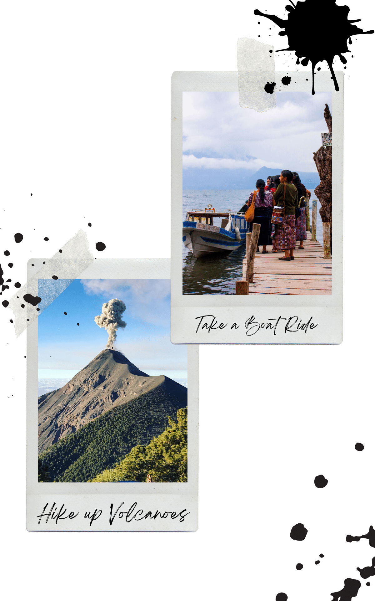 smoking volcano in lake atitlan people walking on a dock towards a boat in panajachel