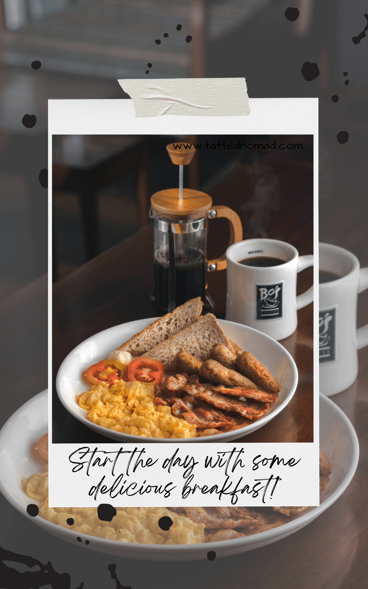 a table with a cup of coffee and a plate of toast bacon and eggs