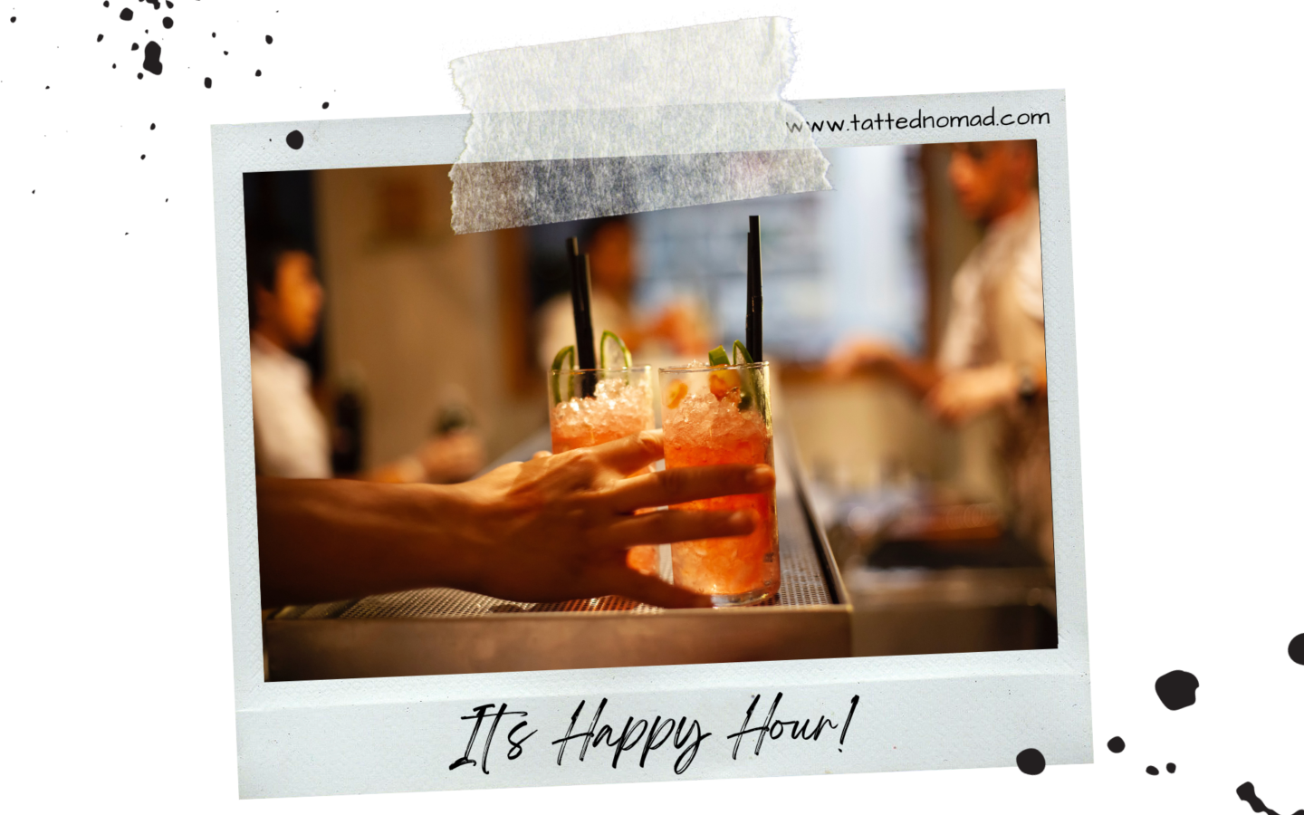 bartender holding two cocktails at a bar with staff and customers on the background