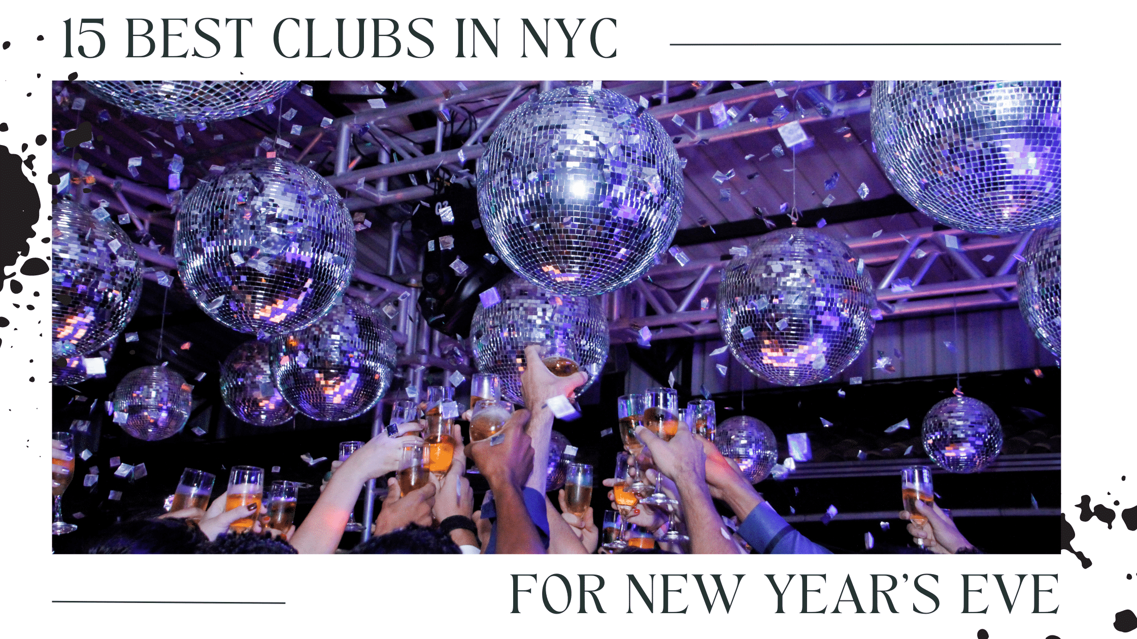 people making a toast at a nightclub under mirrorballs hanging from the ceiling banner