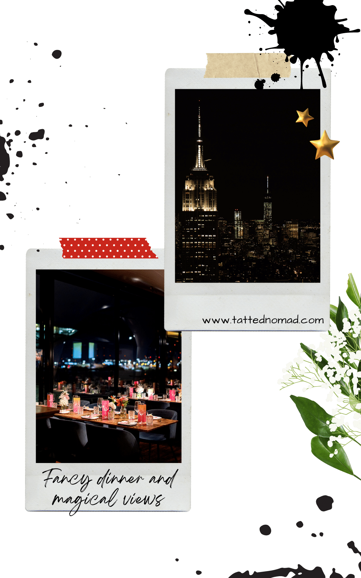 a rooftop restaurant with candles and a view of new york city at night