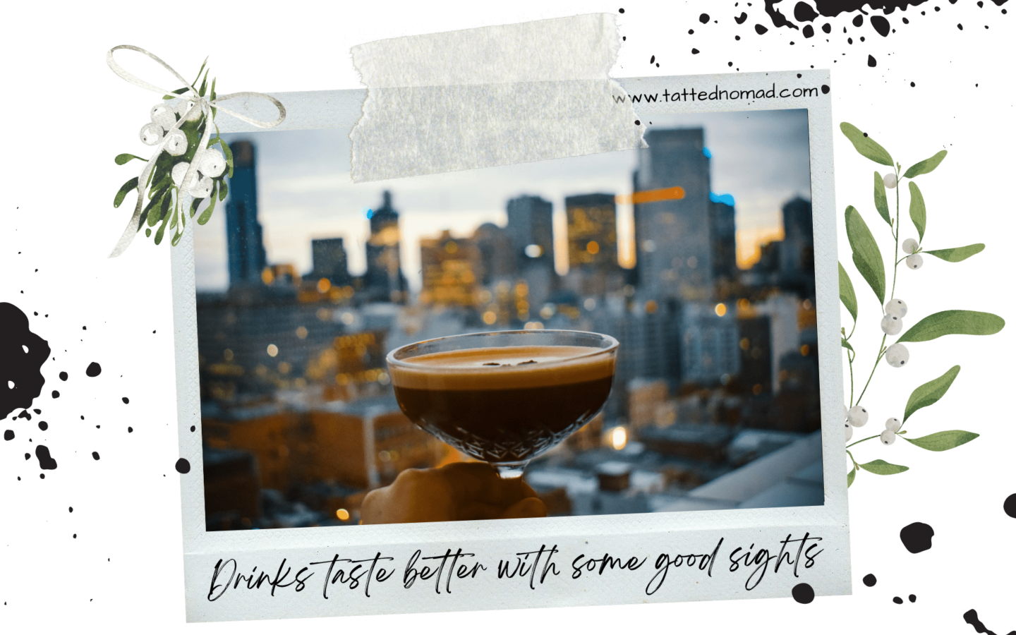 a woman drinking a cocktail on a rooftop bar with new york buildings on the background