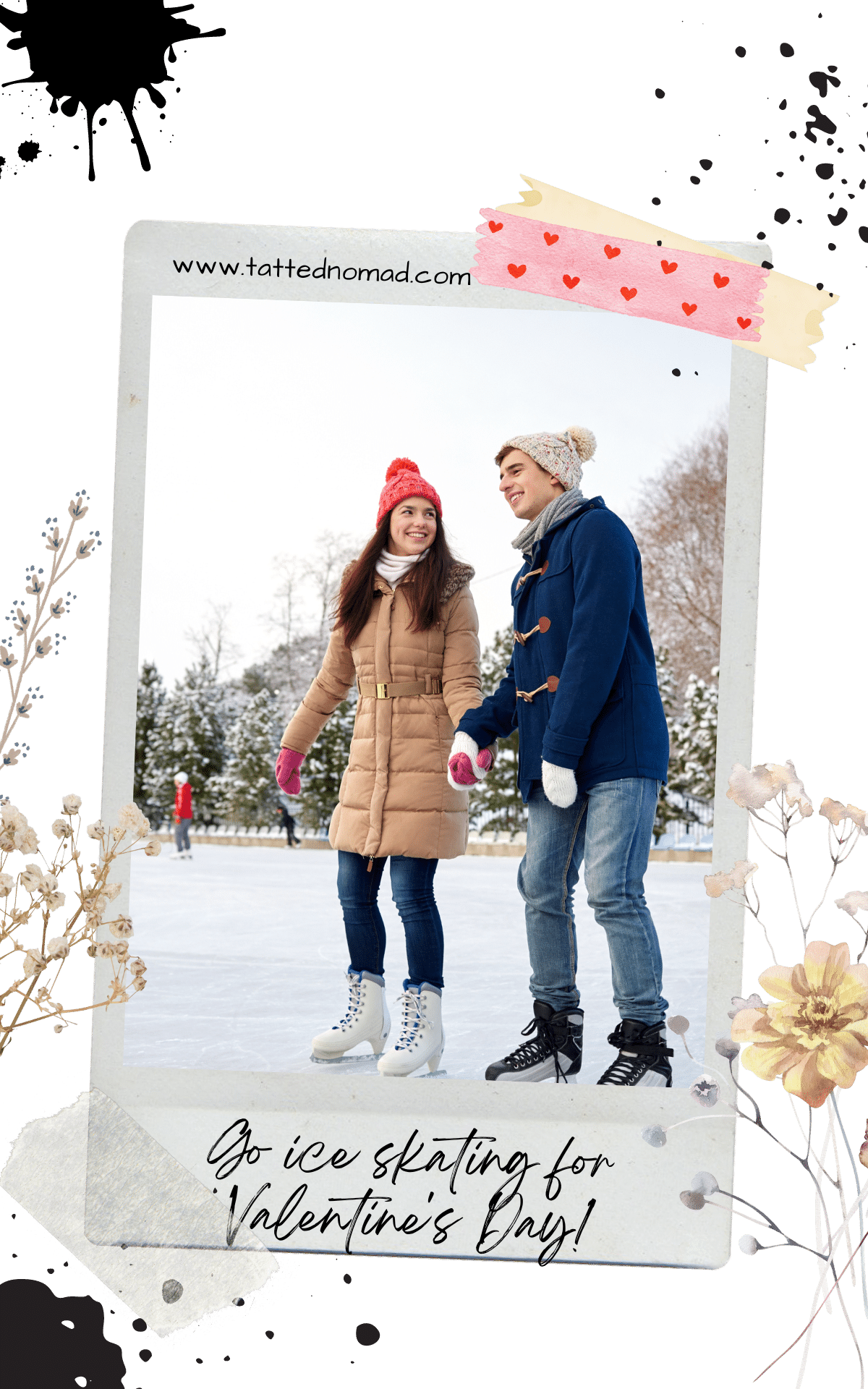 a couple skating on ice and holding hands with trees on the background