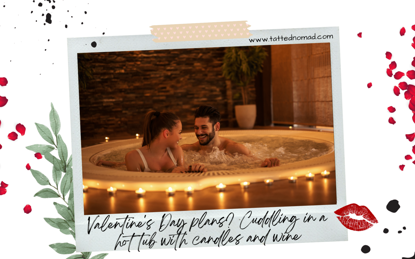 couple laughing in a hot tub with candles glowing