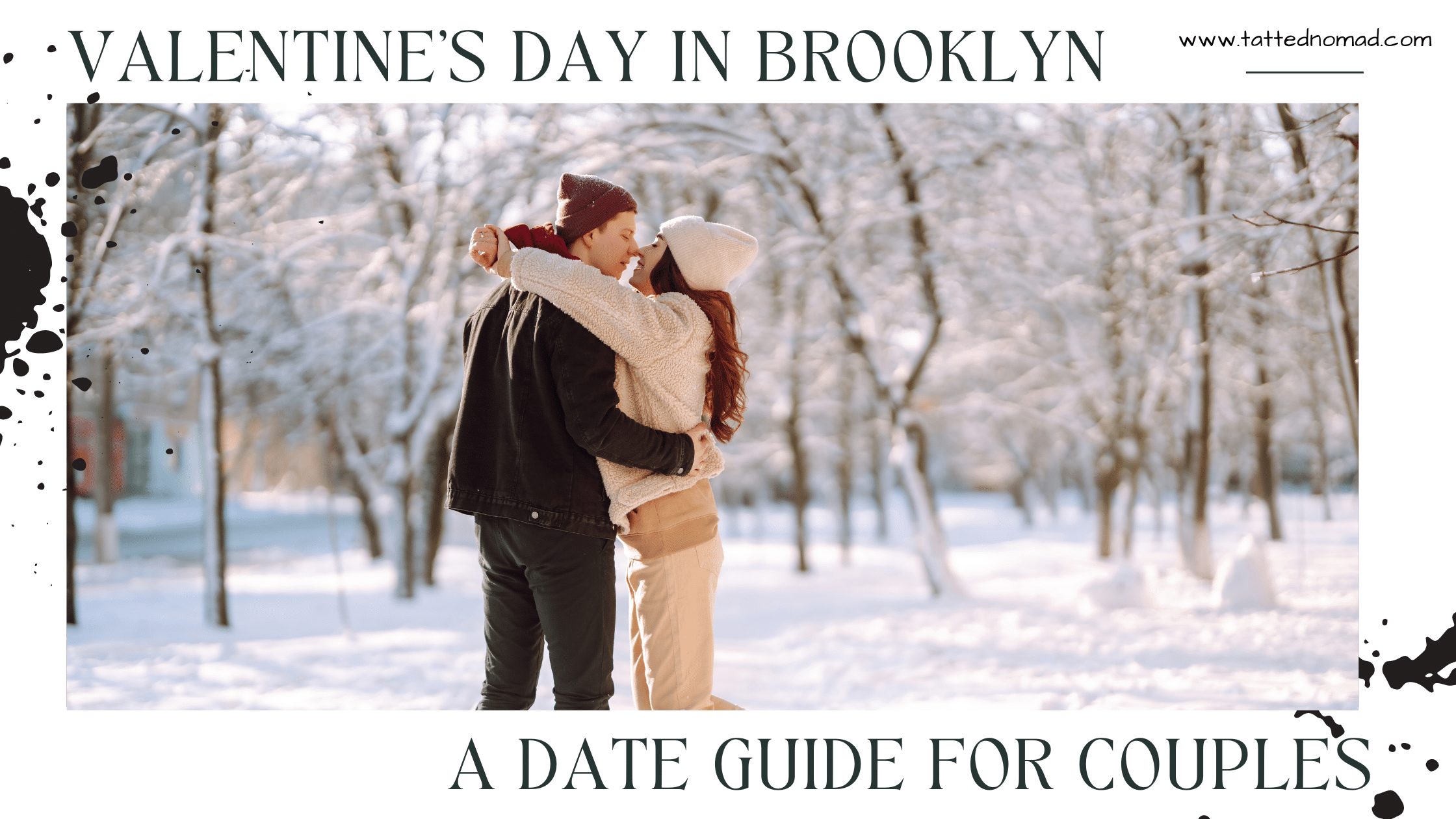 couple man and woman hugging in winter clothes with trees covered in snow on the background brooklyn nyc valentines day banner