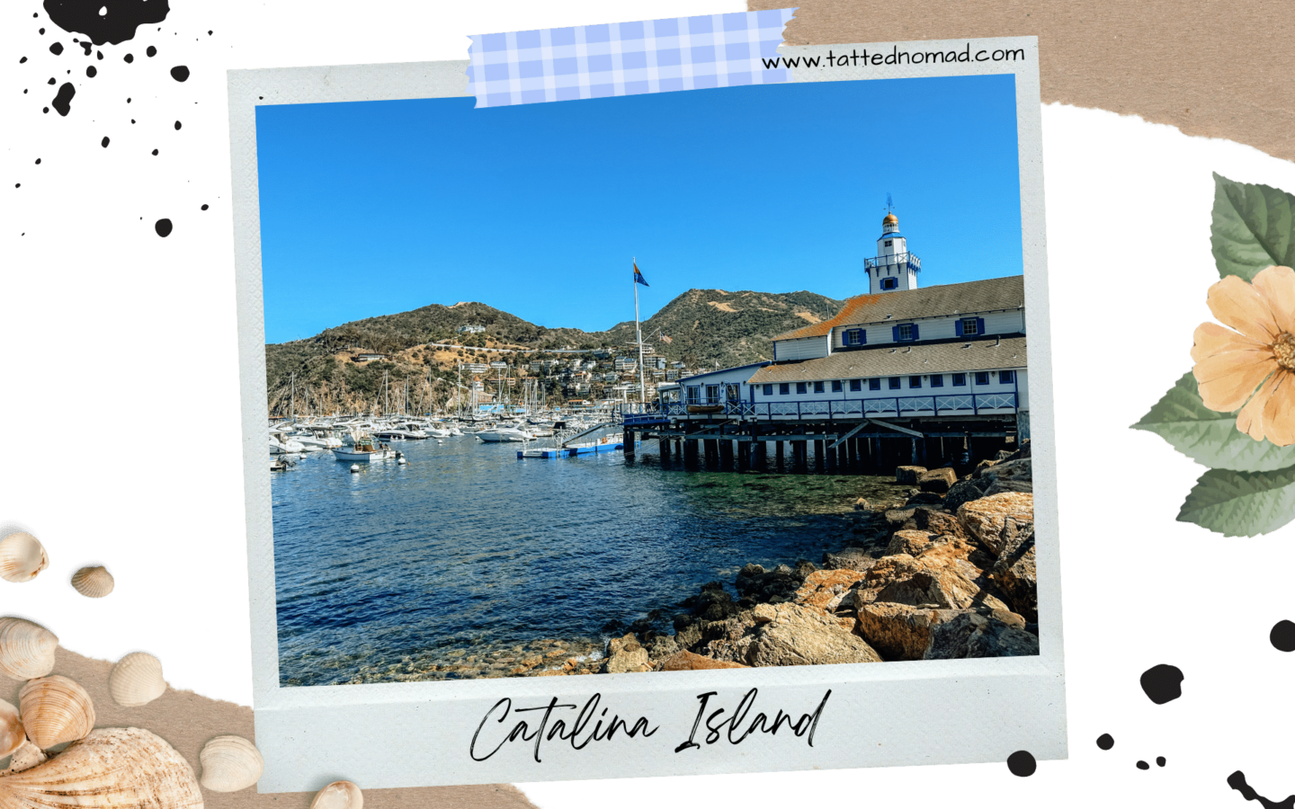 mountains and boats floating on the sea with a big deck on the right on catalina island