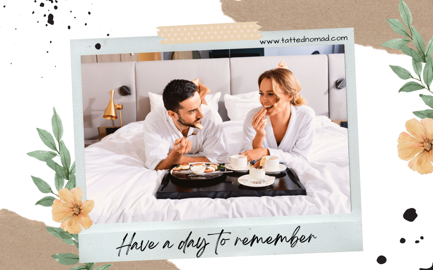 man and woman laying on bed while smiling and eating breakfast from a tray