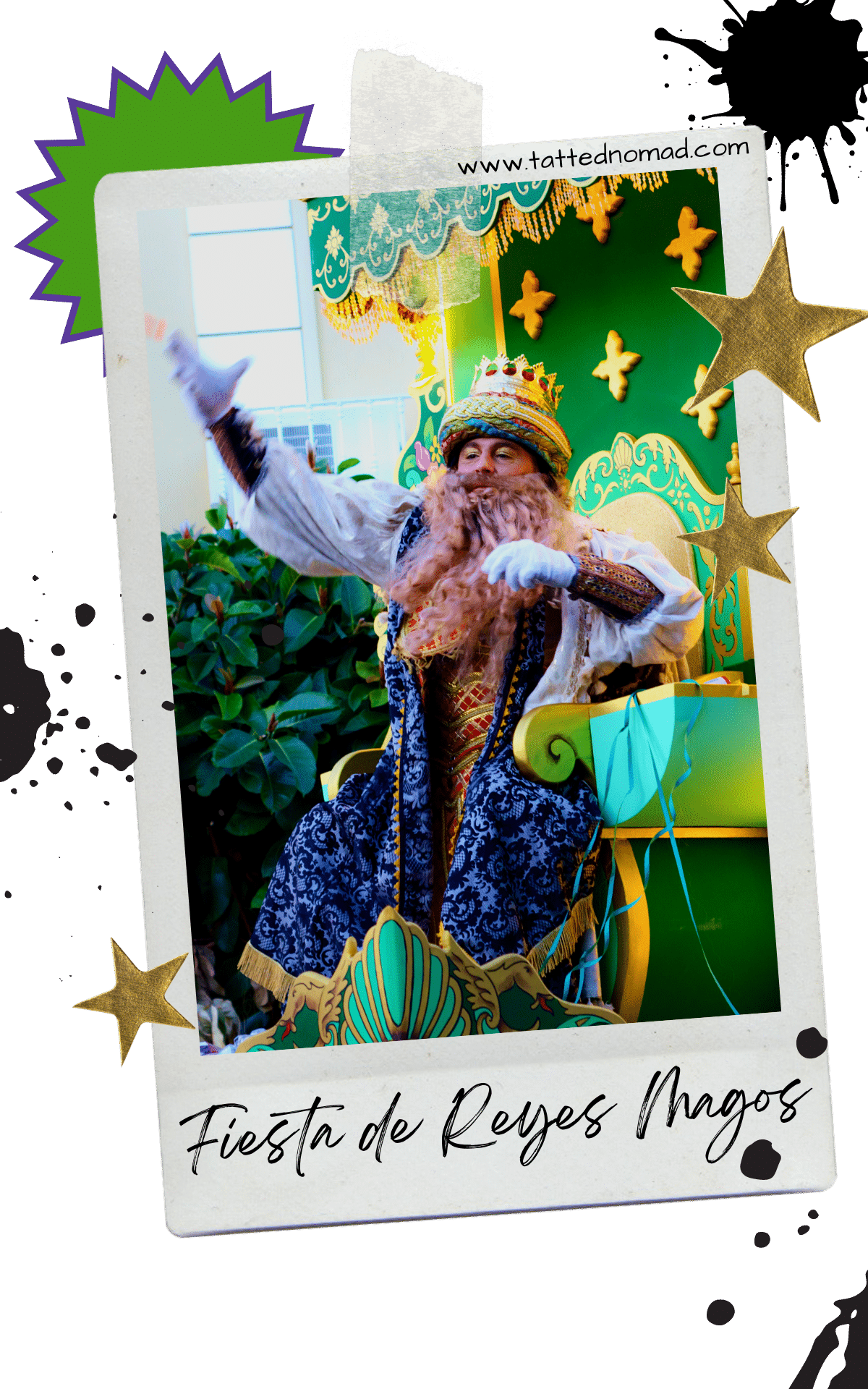 man in a costume sitting on a green throne float at a parade fiesta de reyes magos