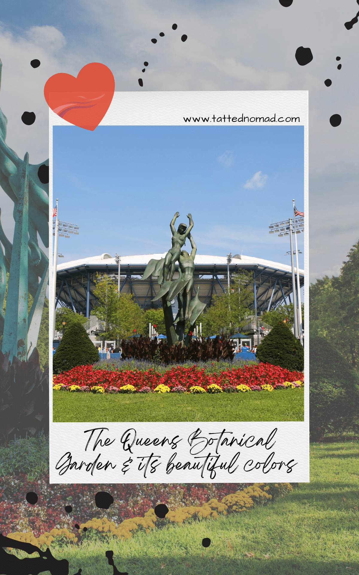 sculpture surrounded by flowers in front of the stadium at flushing meadows queens botanical garden