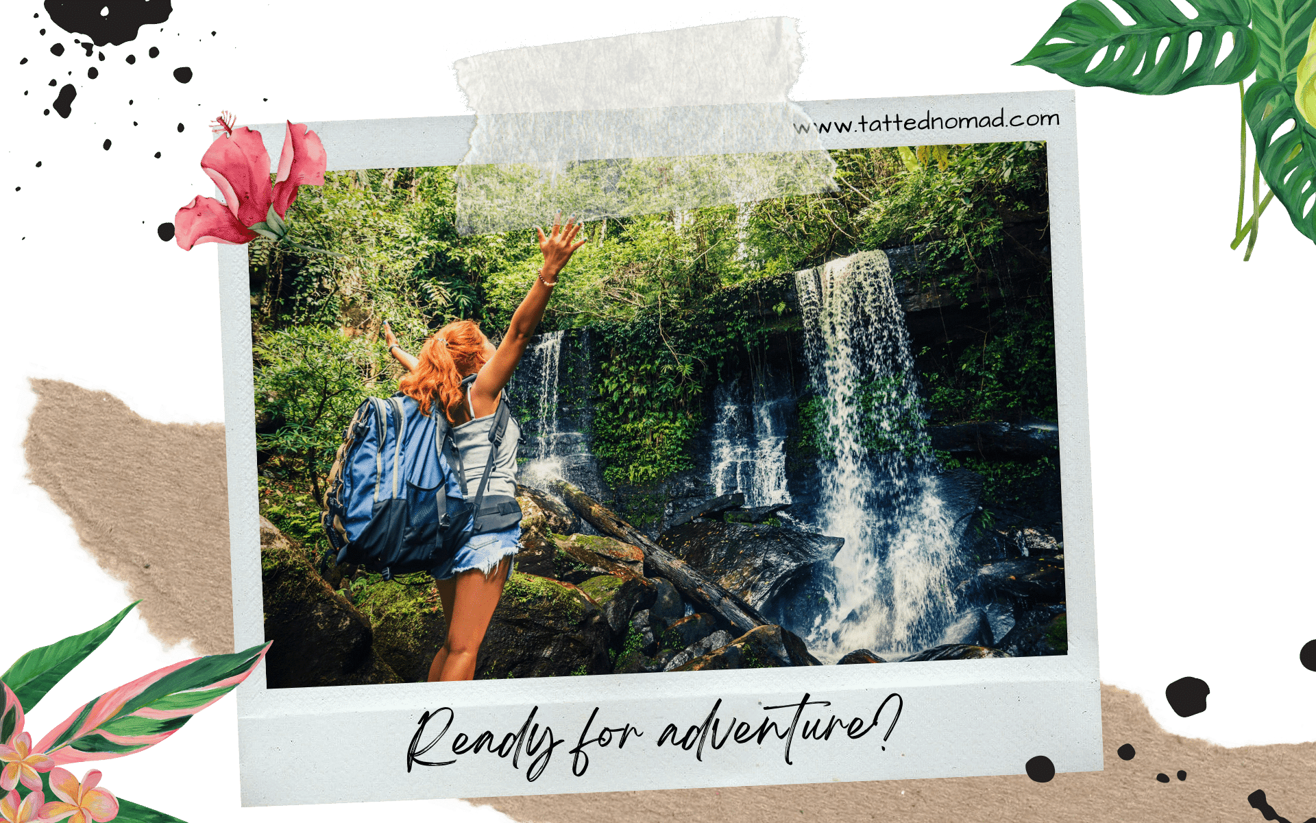 woman with a backpack looking at a waterfall raising her arms